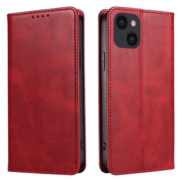 For iPhone 14 Plus Wallet Phone Cover Calf Texture Auto-absorbed Magnetic Leather Stand Phone Case For Sale