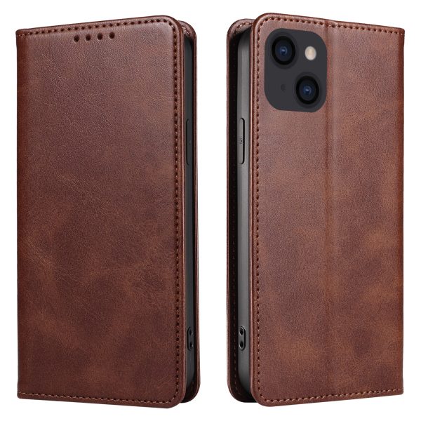 For iPhone 14 Plus Wallet Phone Cover Calf Texture Auto-absorbed Magnetic Leather Stand Phone Case For Sale