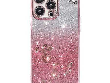 Gradient Glitter Powder Protective Cover for iPhone 12 Pro 6.1 inch, Flower Pattern Rhinestone Decor Soft TPU Anti-drop Case Online Sale