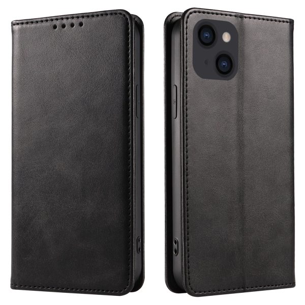 For iPhone 14 Plus Wallet Phone Cover Calf Texture Auto-absorbed Magnetic Leather Stand Phone Case For Sale