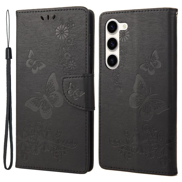 Shockproof Mobile Phone Case for Samsung Galaxy S23+, Butterflies Flower Imprinting PU Leather Phone Cover with Wallet Stand Fashion