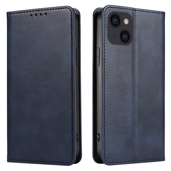 For iPhone 14 Plus Wallet Phone Cover Calf Texture Auto-absorbed Magnetic Leather Stand Phone Case For Sale