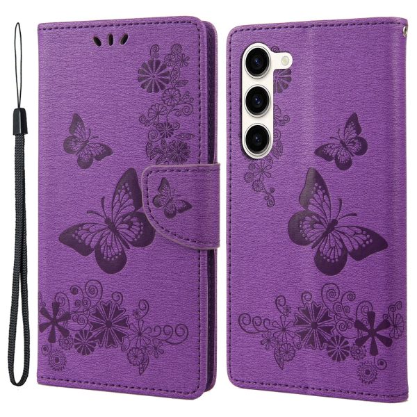 Shockproof Mobile Phone Case for Samsung Galaxy S23+, Butterflies Flower Imprinting PU Leather Phone Cover with Wallet Stand Fashion