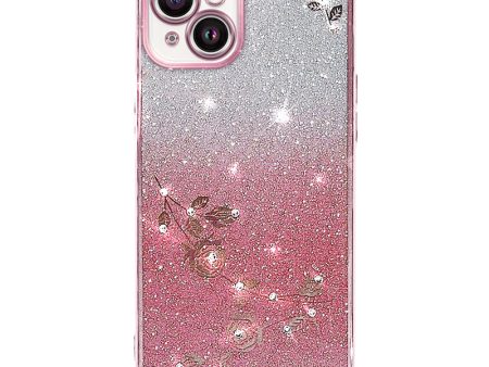 For iPhone 14 Plus Gradient Glitter Powder Flexible TPU Cover Rhinestone Decor Flower Design Anti-drop Anti-scratch Case For Sale