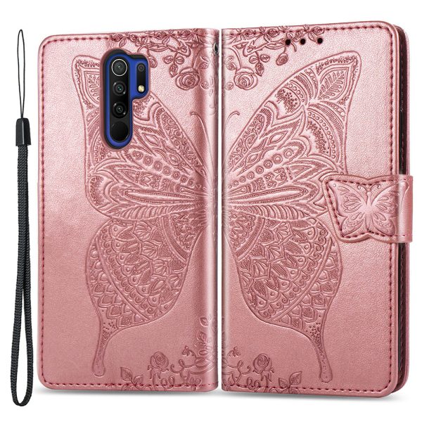 For Xiaomi Redmi 9 Anti-Scratch PU Leather Magnetic Closure Phone Wallet Cover Imprinted Butterfly Pattern Stand Case Fashion